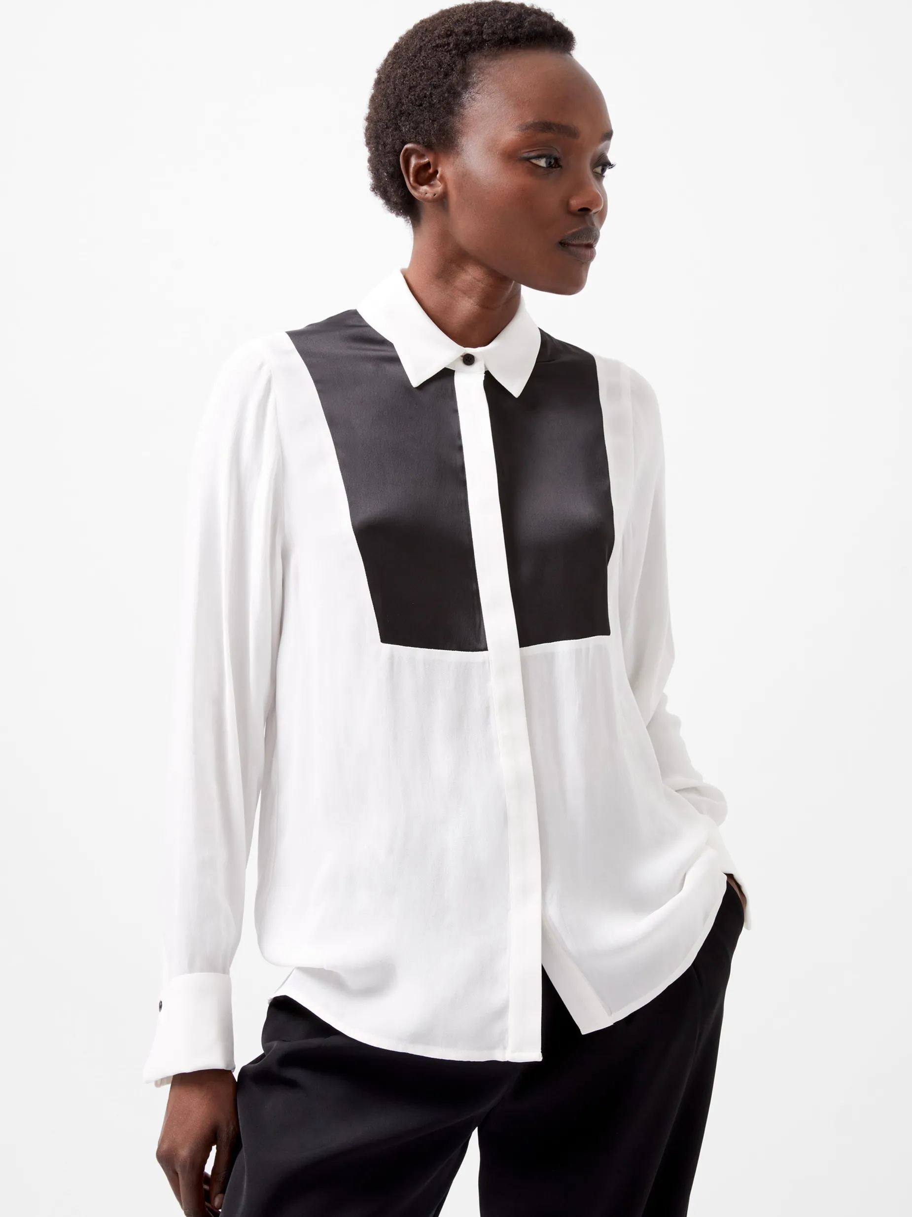 French Connection Tops|Shirts-Chiara Drape Satin Contrast Long Sleeve Shirt