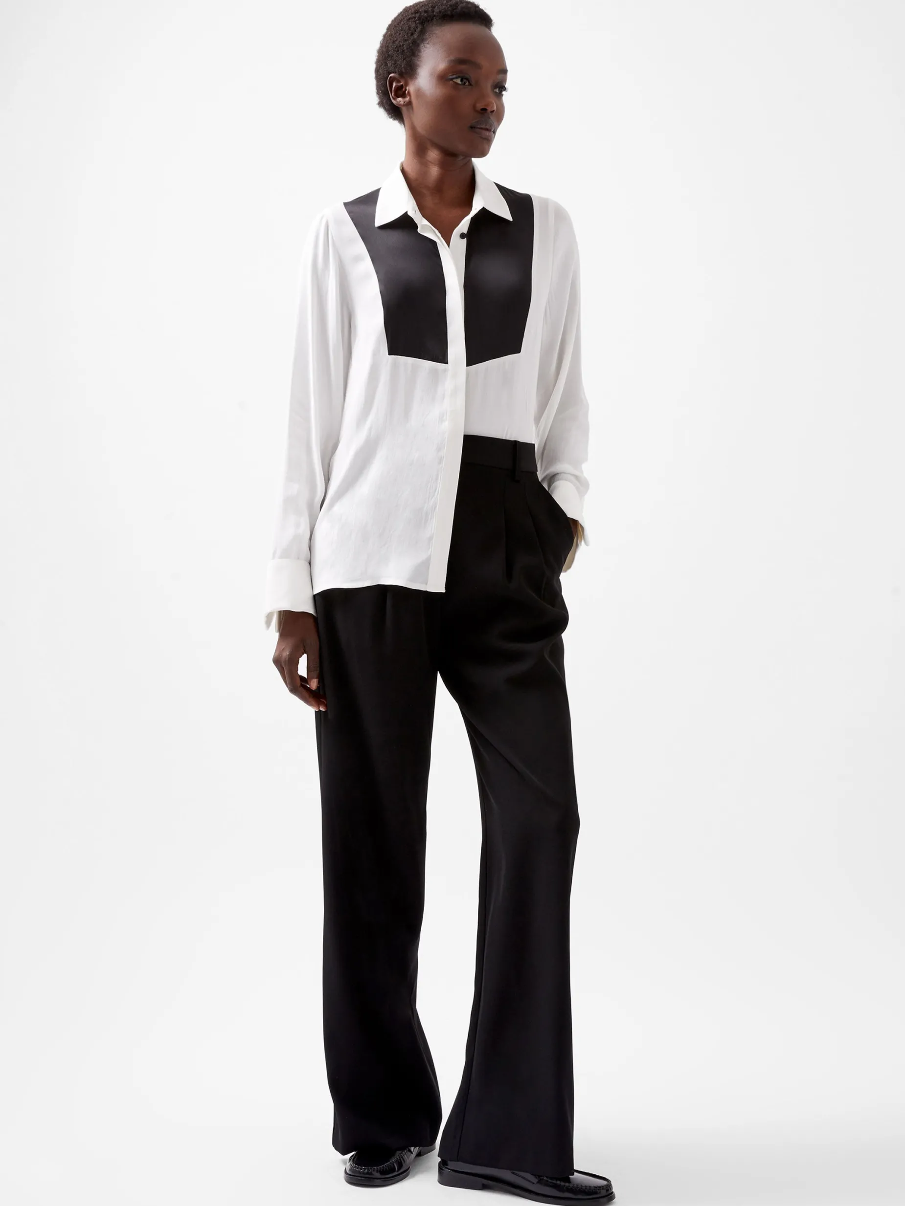 French Connection Tops|Shirts-Chiara Drape Satin Contrast Long Sleeve Shirt