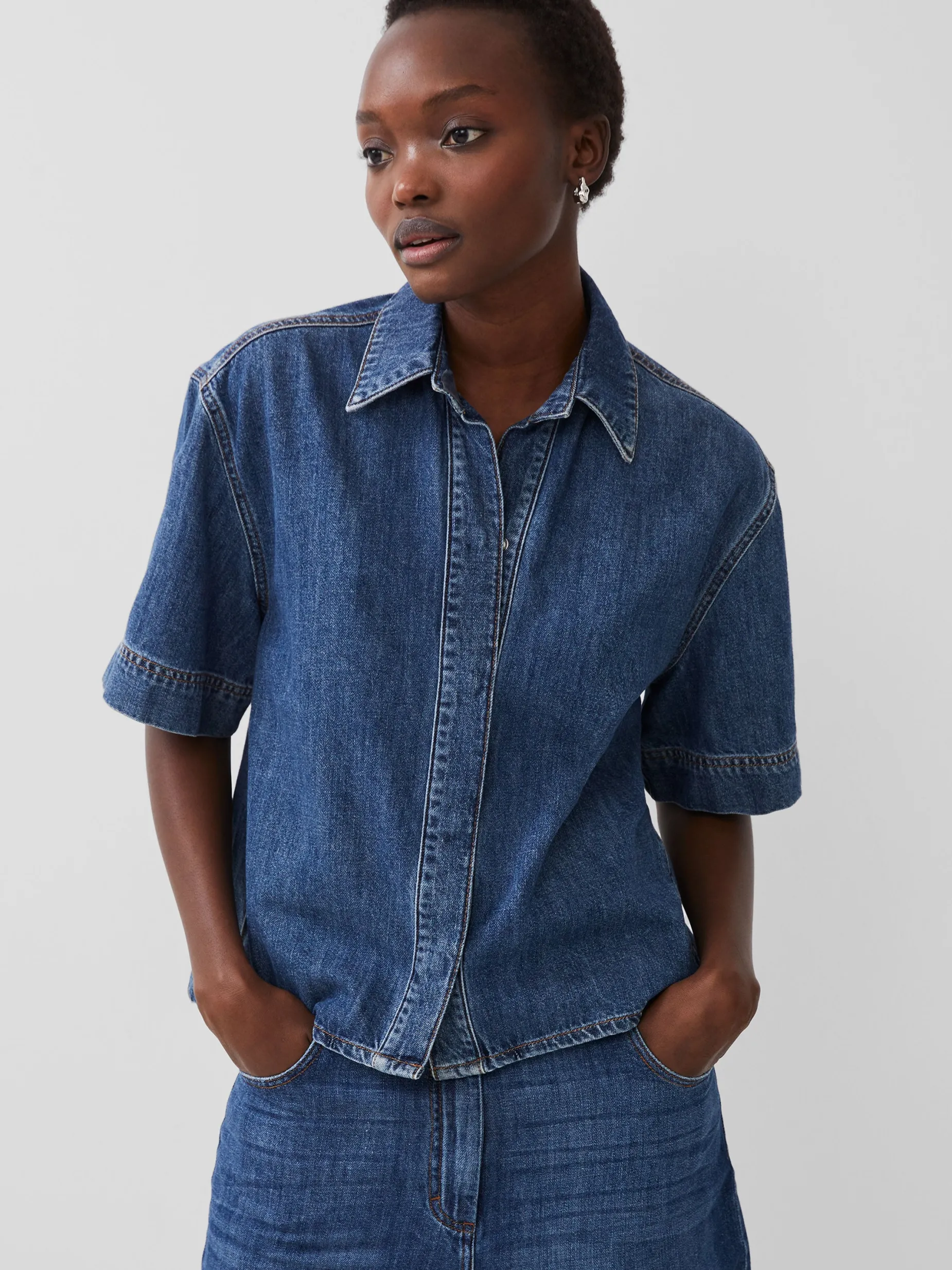 French Connection Tops|Shirts-Finley Denim Short Sleeve Shirt
