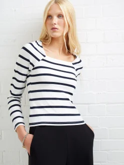 French Connection Tops-Rallie Stripe Square Neck Long Sleeve Top