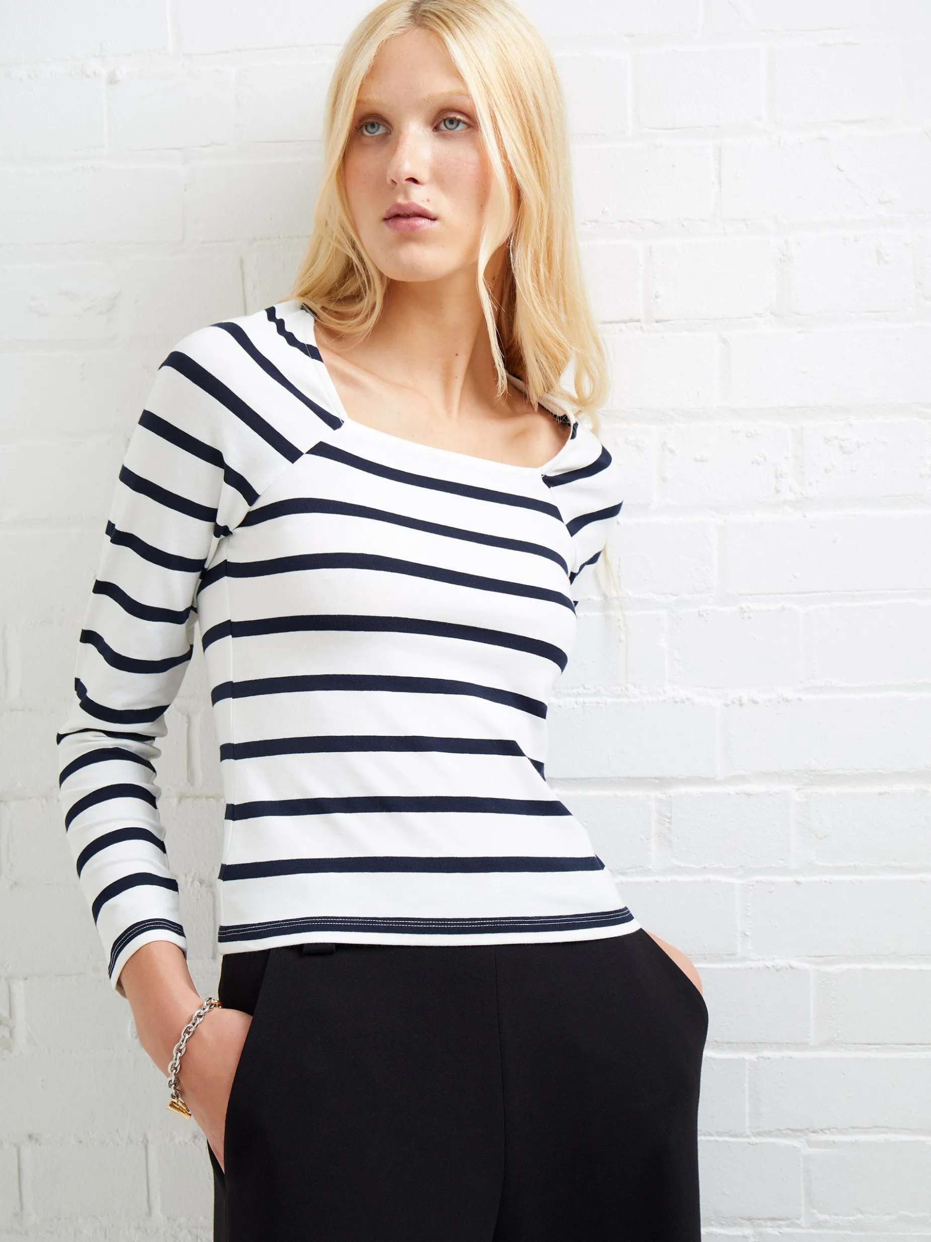 French Connection Tops-Rallie Stripe Square Neck Long Sleeve Top