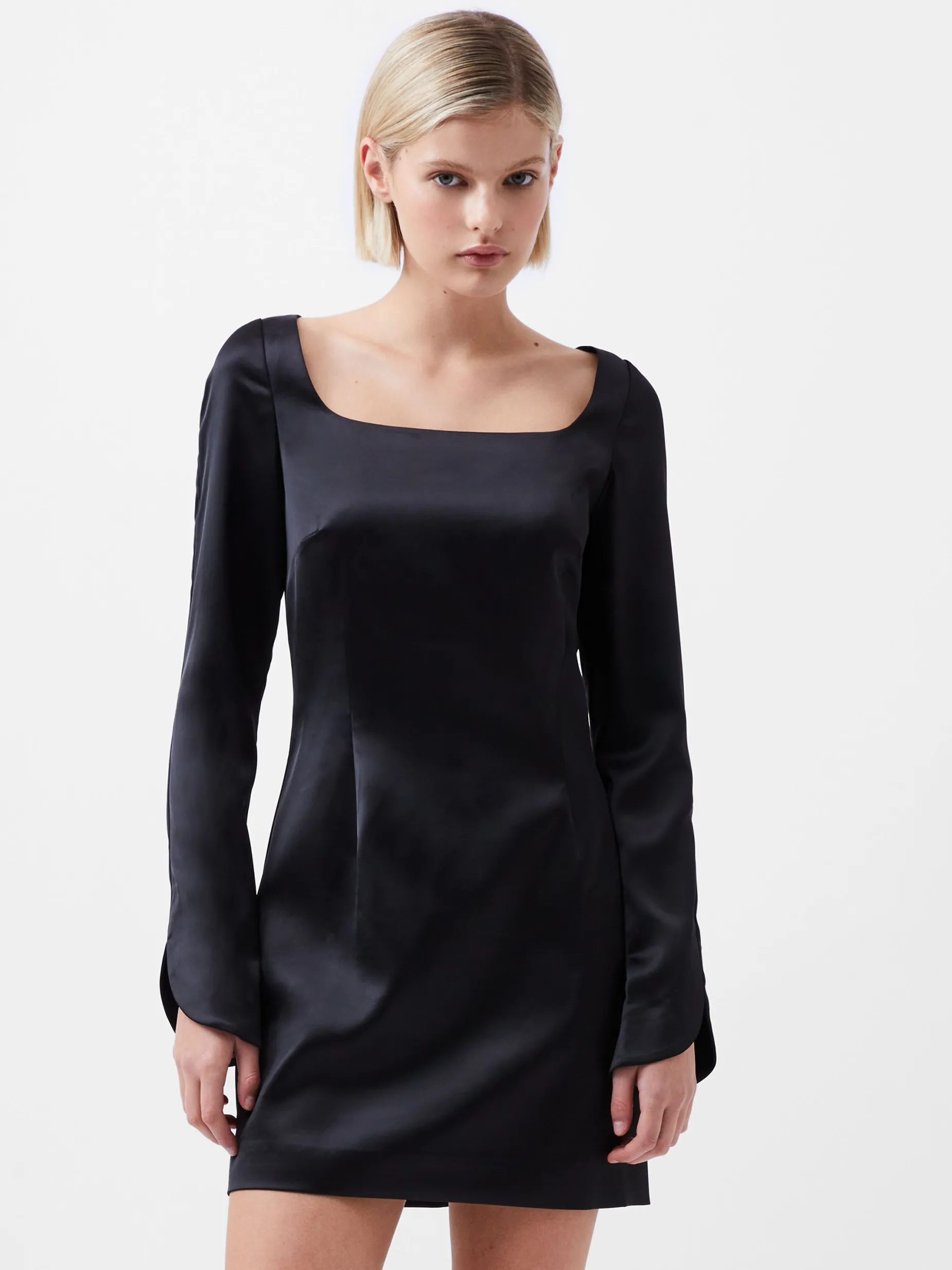 French Connection Dresses|Mini Dresses-Structured Satin Long Sleeve Scoop Neck Mini Dress