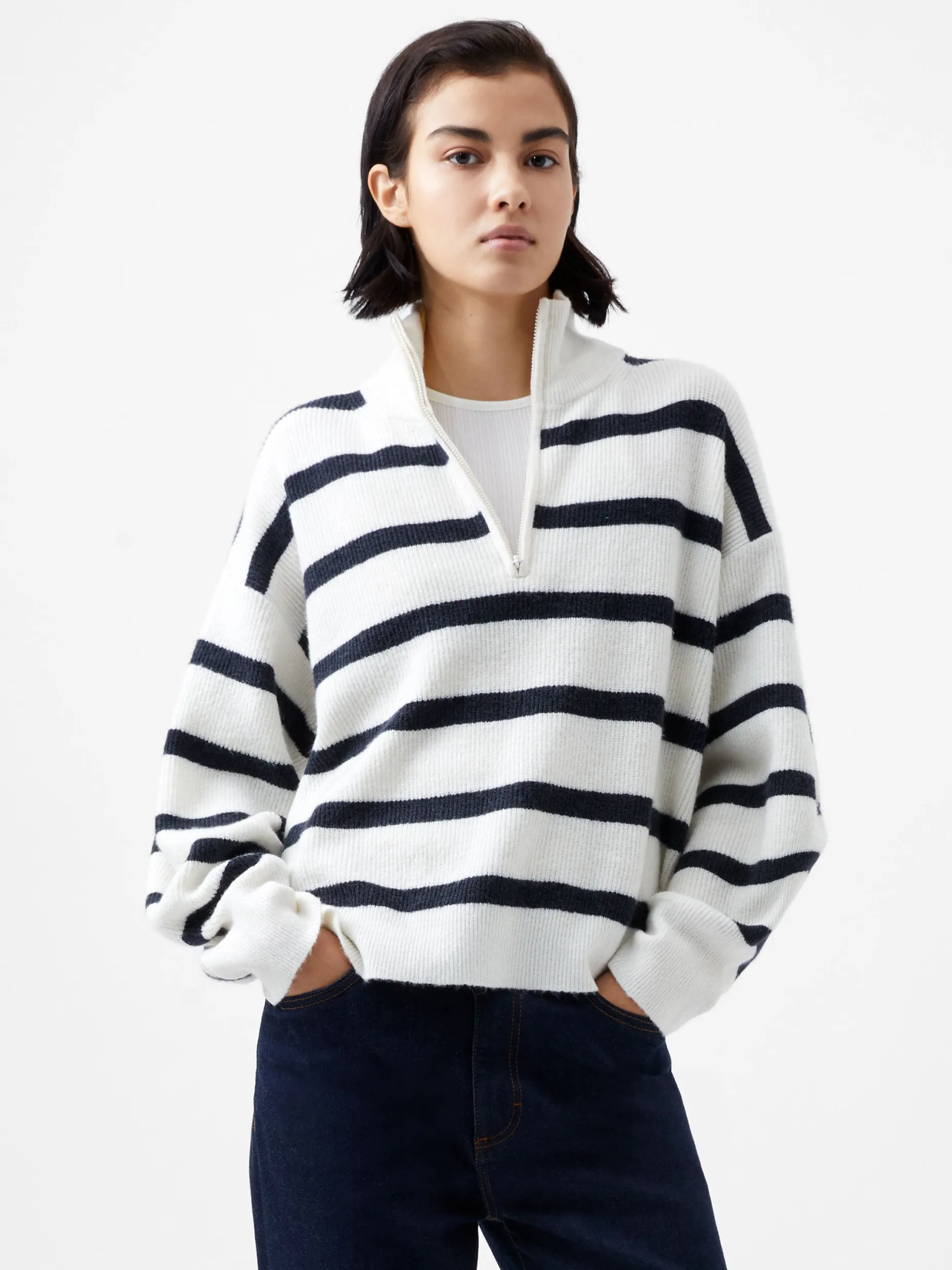 French Connection Jumpers & Cardigans-Vhari Recycled Stripe Half Zip Jumper